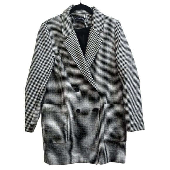 ZARA Houndstooth Tweed Frayed Jacket Blazer Coat - Size S - Black & White Check - Picture 3 of 16